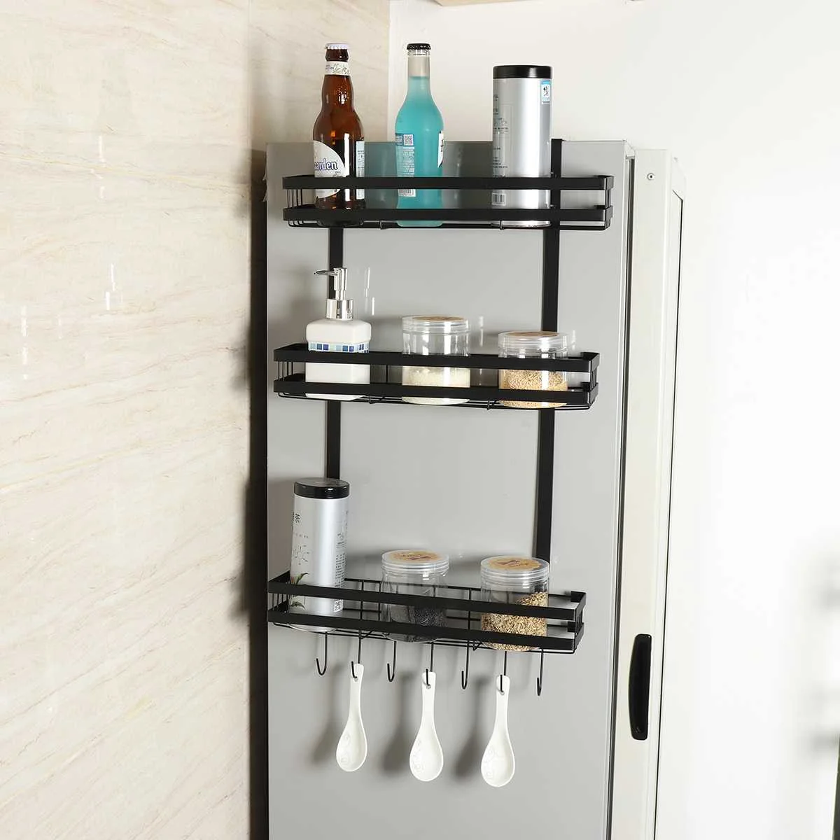 3-Tier Metal Refrigerator Side Storage Organizer Rack Fridge Spice Rack Multi Use Refrigerator Side Shel Wall-mounted Rack