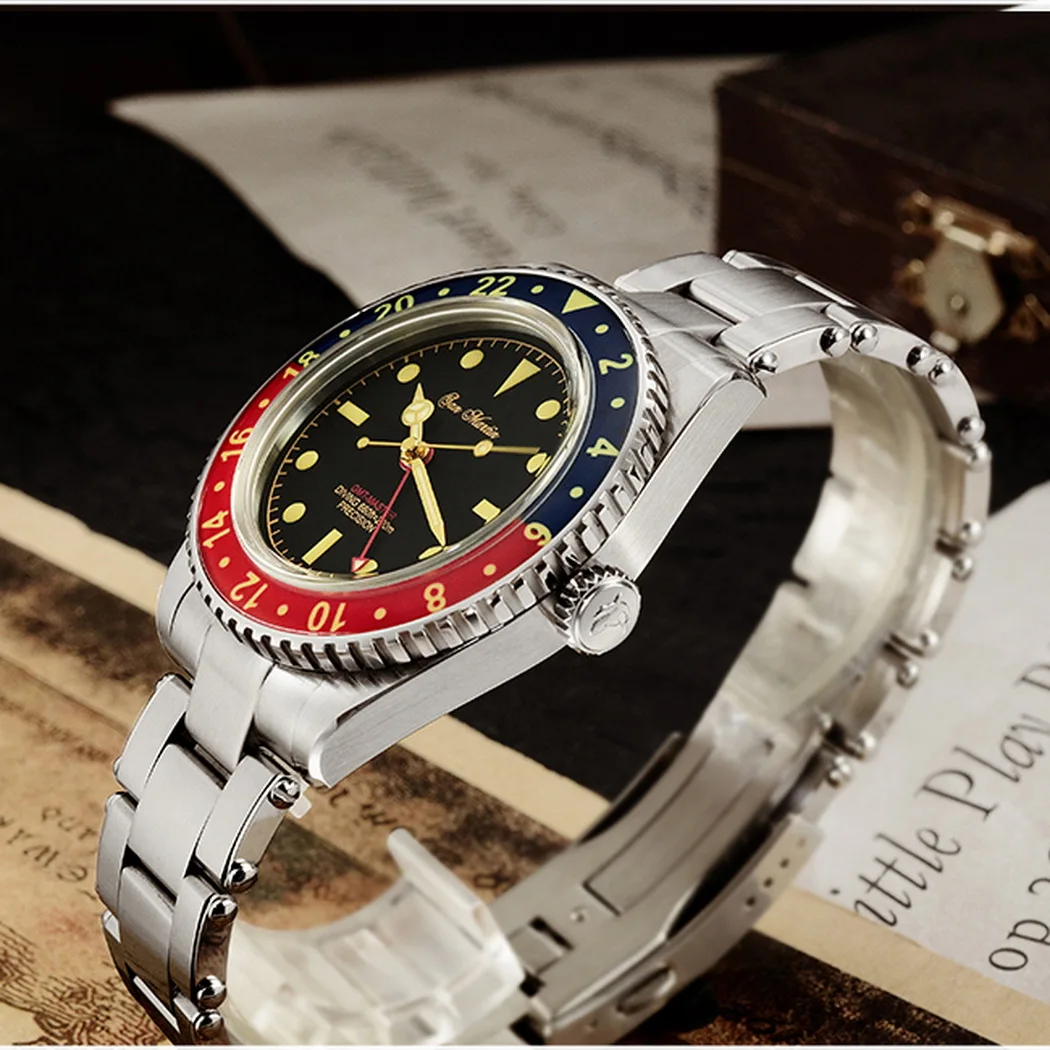 San Martin Men GMT Watch Mens Automatic Watches Water Ghost Mechanical Wristwatch 200M Waterproof Full Luminous Sapphire Bezel