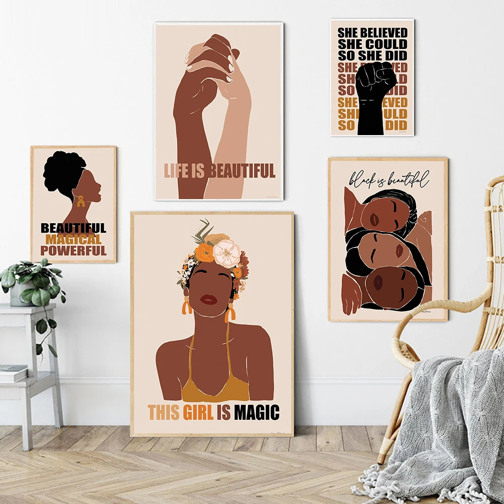 Modern Feminist Canvas Painting Girl Hand Poster and Print Wall Art Picture For Living Room Home Decor Black Skin Woman No Frame