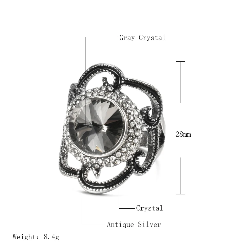 Kinel Fashion Gray Crystal Stone Flowers Female Ring Tibetan Silver Ethnic Wedding Vintage Jewelry