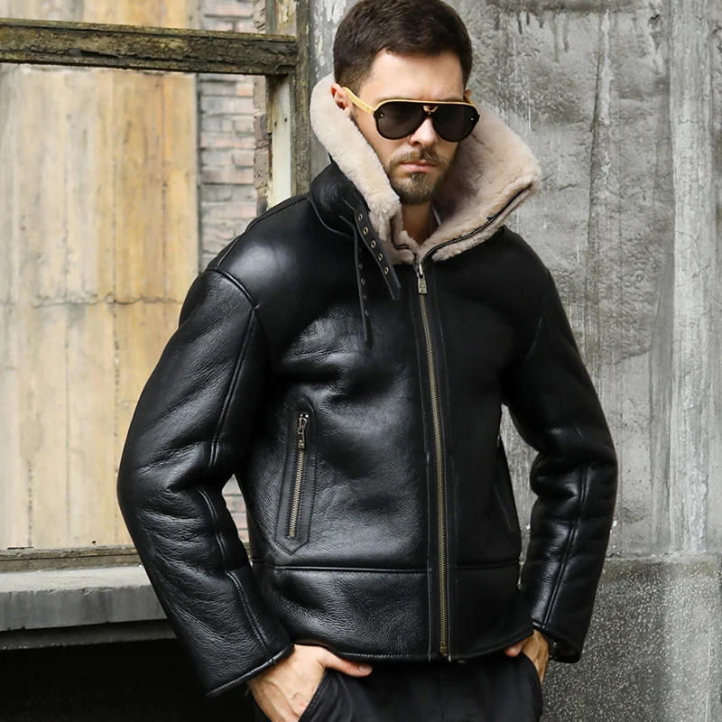 Denny&Dora New Mens Shearling Coat B3 Bomber Jacket Short Fur Coat Black Leather Jacket Natural Sheepskin Coat Mens Winter Coats