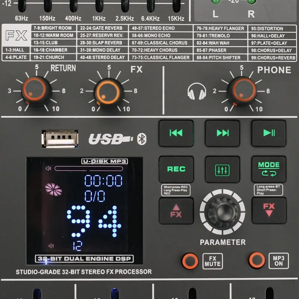 Freeboss ADM-TX104 10 Kanäle + 48V 7-Band Graphic EQ 99 DSP Effekte USB Spielen und Rekord 2 AUX Bluetooth Professioan Audio Mixer