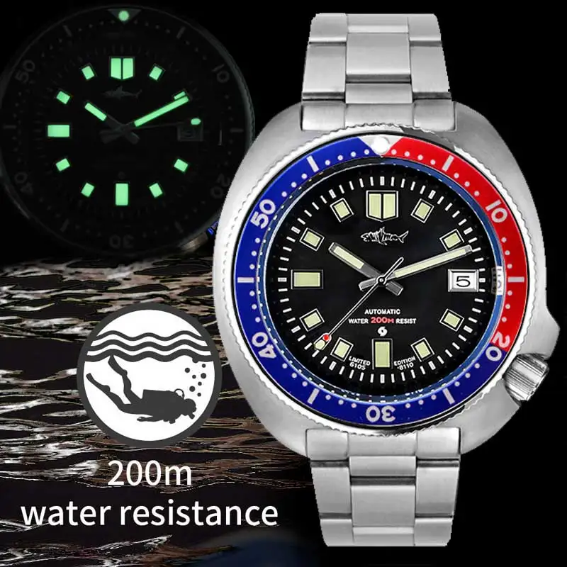 HEIMDALLR Men Tturtle Diver Watch NH35 Automatic Mechanical Watches Sapphire Glass 200M Water Resistance C3 Luminous Wristwatch