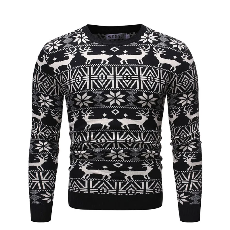 Christmas Men\'s O-Neck Cotton Pullover Warm Print Elk Autumn Slim Long Sleeve Clothes Knitted Casual Men Sweater Ugly Pull Homme