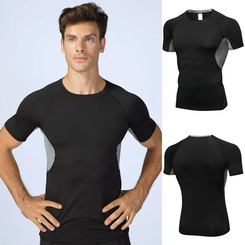 Men Short Sleeve Fitness Elastic Running Sport T-shirt Compression Shirts Bodybuilding Apparell Tights Quick Drying Tops S-2XL