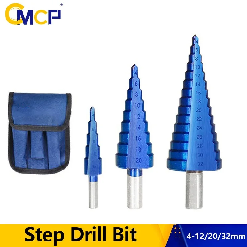 

CMCP Step Cone Drill Nano Blue Coated Step Drill Bit 4-12 4-20 4-32mm Round Shank Wood Metal Hole Cutter HSS Core Drilling Tool