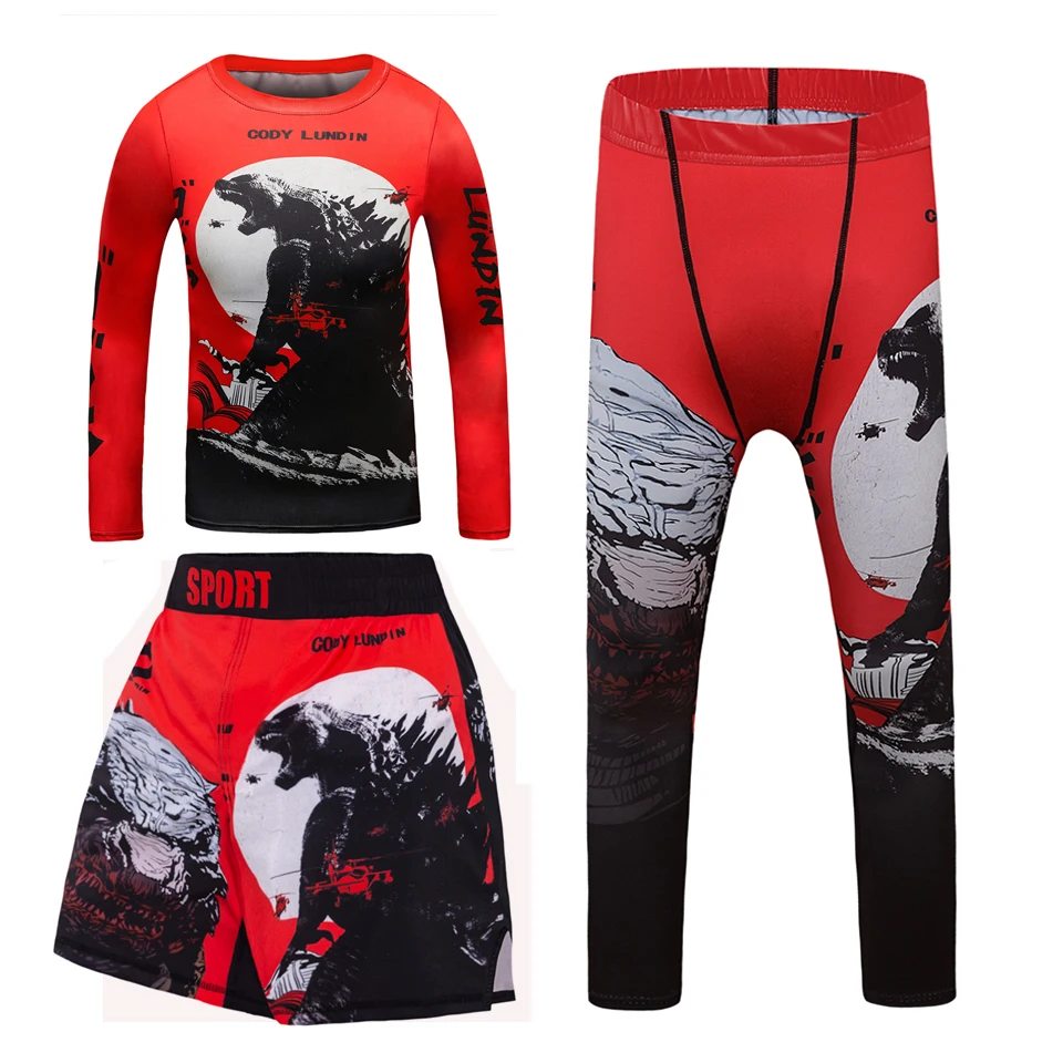 MMA Rashguard dla dzieci Jiu Jitsu T-shirt + spodnie zestawy sportowe chłopiec szorty MMA odzież Kickboxing koszulki dzieci Fitness dresy