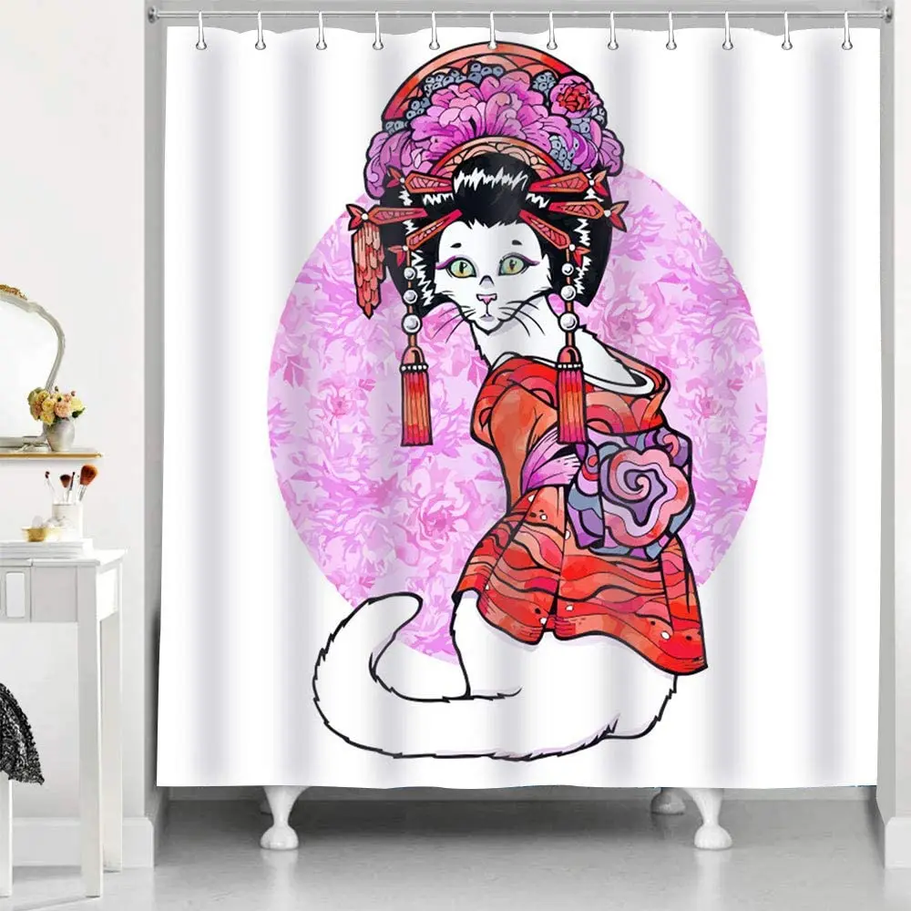 Japanese Cat Shower Curtain Geisha Cat Pink Flowers White  Animal Bath Curtains Waterproof Fabric with Hooks Bathroom Decor