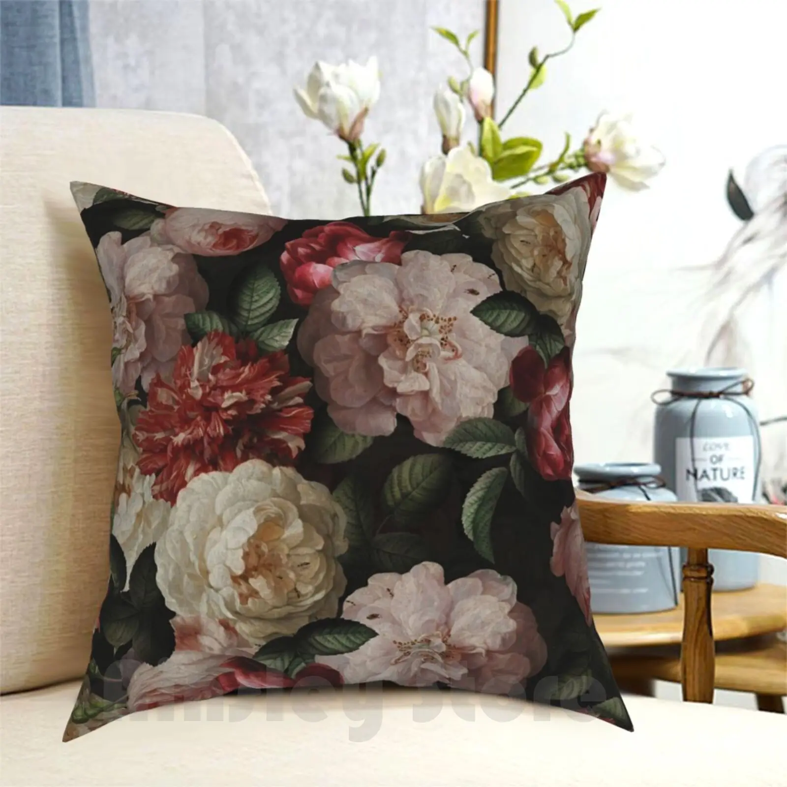 

Antique Jan Davidsz. De Heem Lush Roses Flowers On Black Pattern Pillow Case Printed Home Soft Throw Pillow Nature