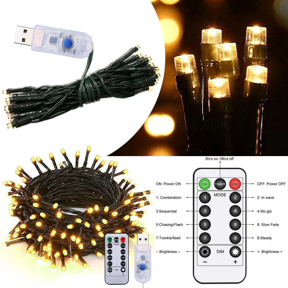 Usb remoto fio verde luzes da árvore de natal 8 modos cintilação estrela f5 luzes de fadas ao ar livre led luzes da corda decoração do feriado