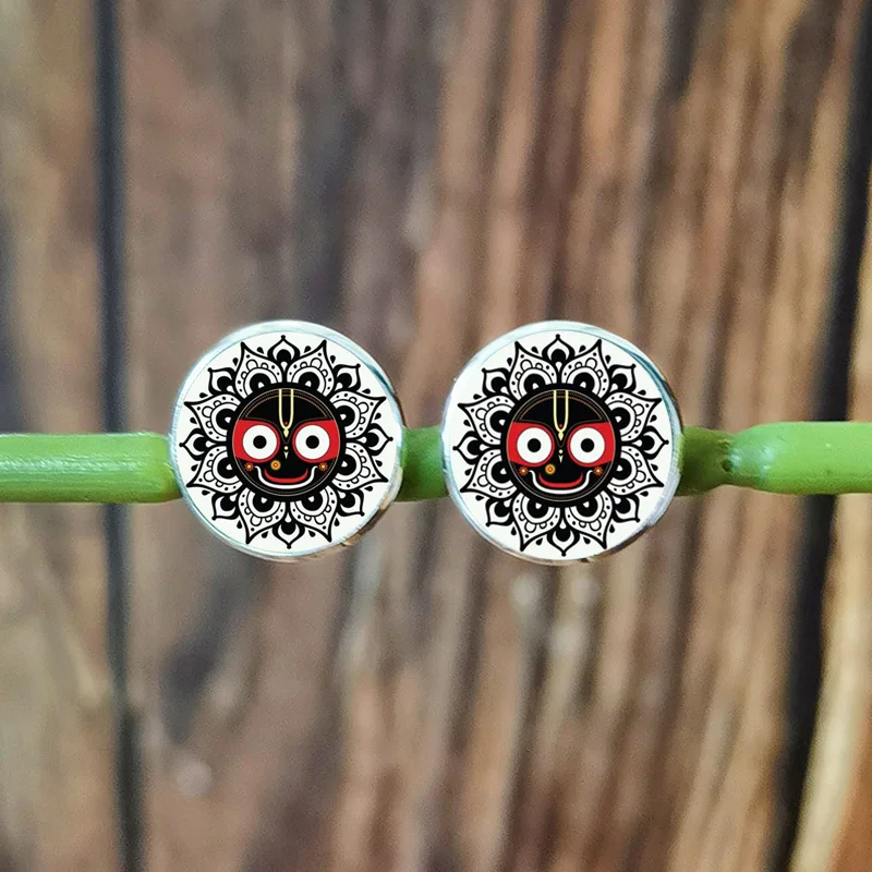 New Hindu God lord Jagannath Earrings for Women Men Cartoon Face Mandala Religious Glass Photo Handmade Stud Earring Jewelry