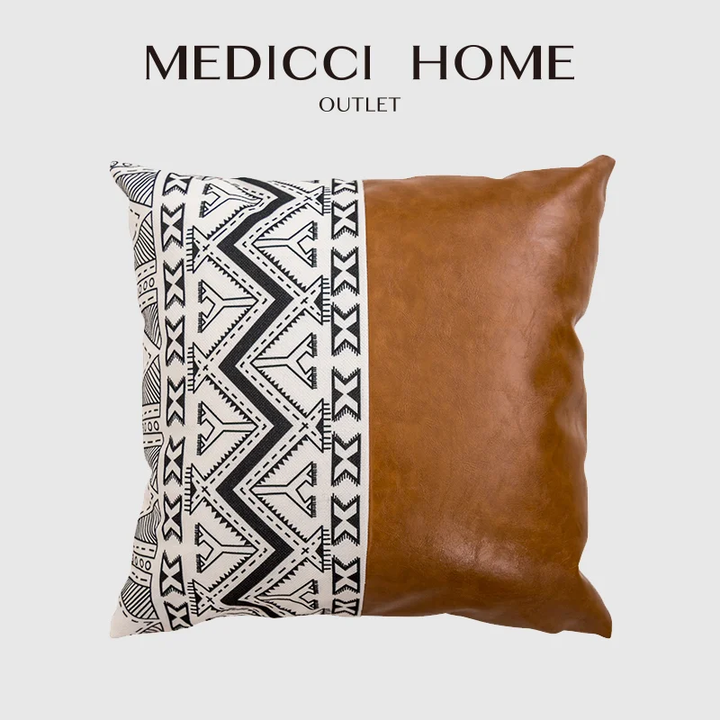 Medicci Home Cognac Leather Cushion Cover High End Itay Import Faux Leather Thick Brown Boho Modern Solid Pillow Case Bed Sofa