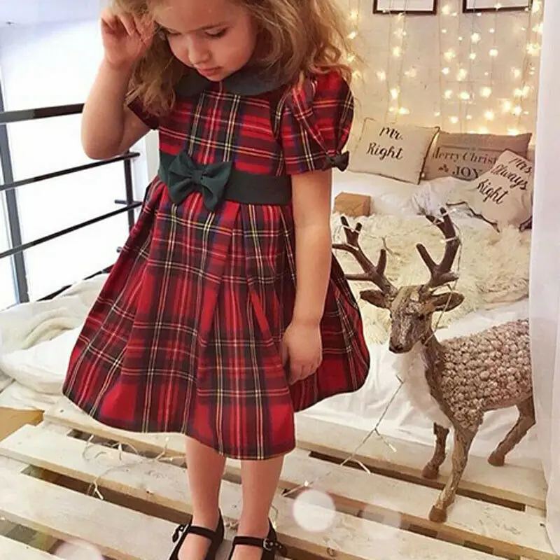 

Toddler Kid Girl Christmas Clothes Princess Dress Peter Pan Collar Bow Plaid Dress Party Xmas Dresses