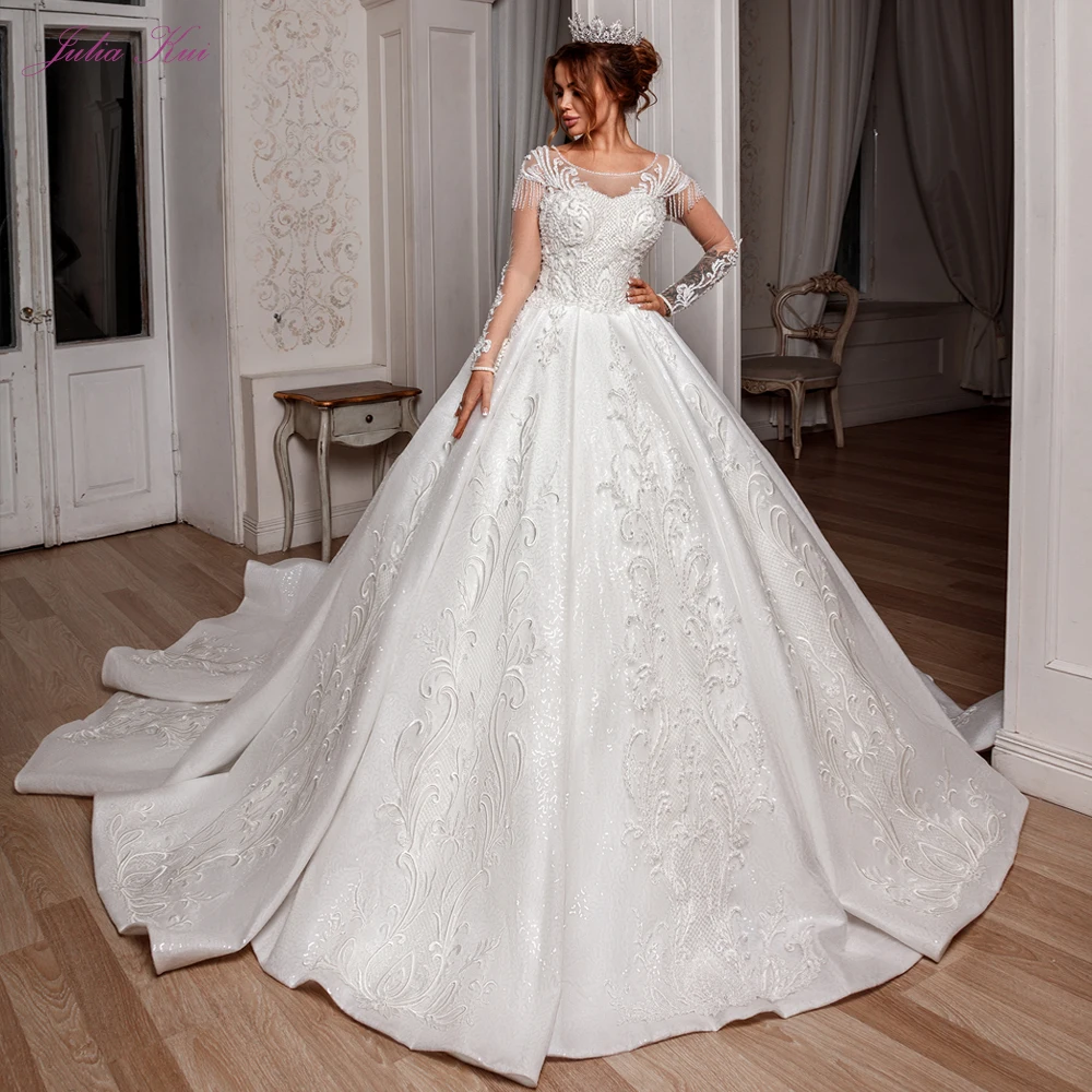 

Bride Dresses Luxury Lace Beaded Pearls Ball Gown Wedding Dresses Sheer Long Sleeves Bridal Gowns Vestido De Noiva