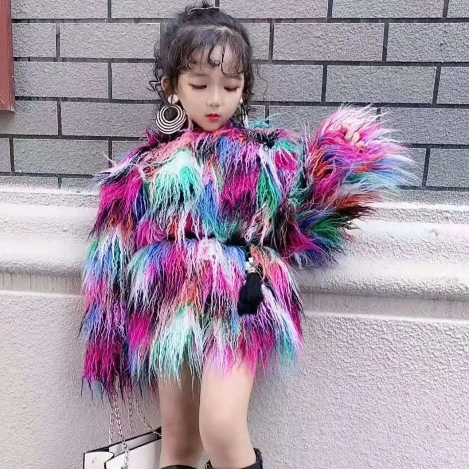 Girls Fur Jacket Kids Colored Fur Jacket Fall Winter Children Clothing Faux Beach Wool Thicken Jacket Girls Fake Fur Jacket