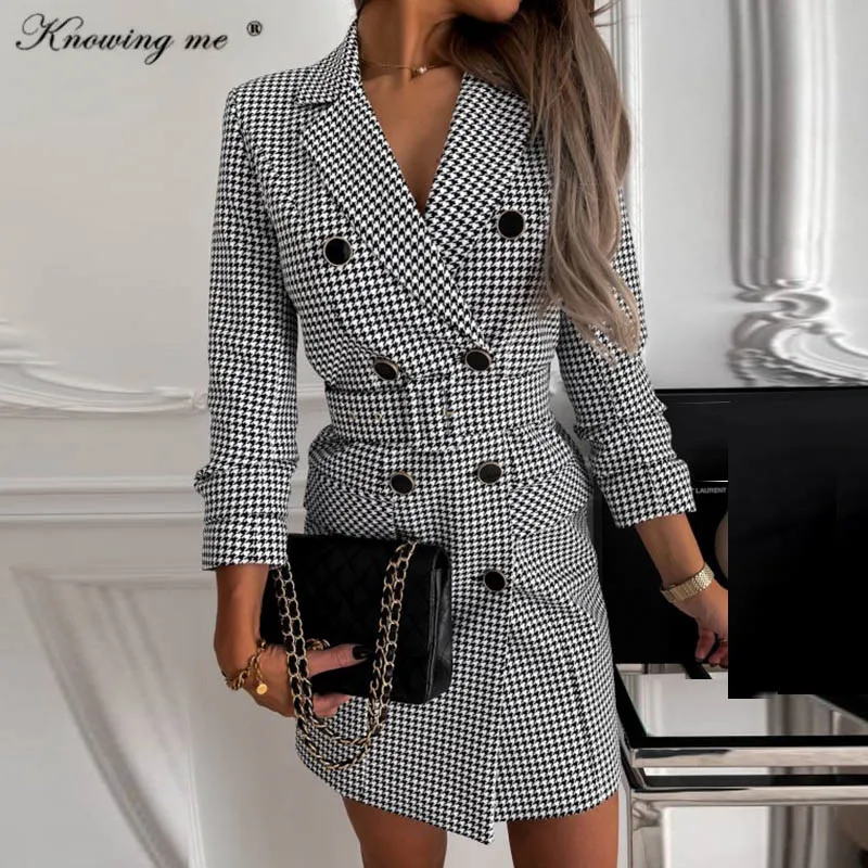 Office Lady Blazer Dress Women Notched Double Breasted Houndstooth print dress Elegant Autumn Long sleeve With Belt Dress 2XL