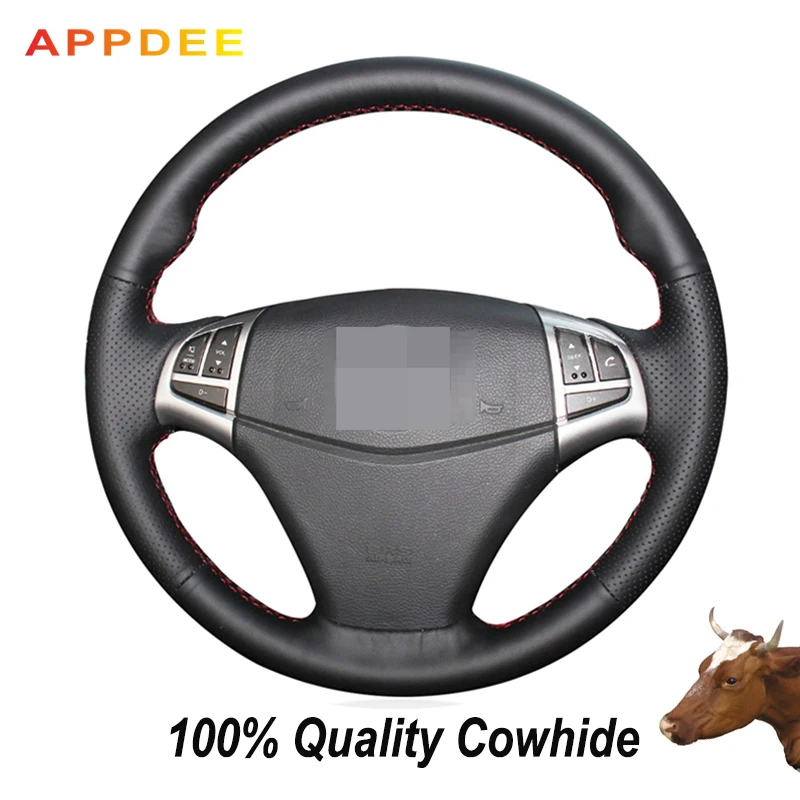 APPDEE Hand-stitched Black Genuine Leather Steering Wheel Cover for Ssangyong Korando 2011 2012 2013 2014