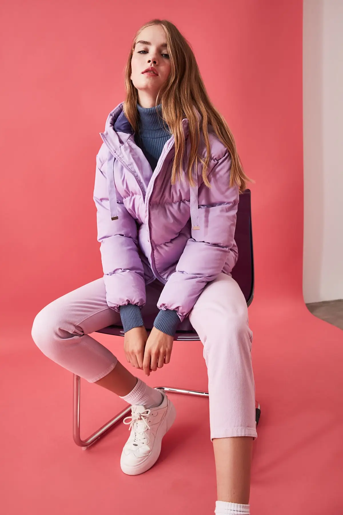 Women Lilac Hooded Inflatable Coat TWOAW21MO0022 Model Dimensions Length 1.77 Bust: 82, Waist: 59, Hip: 88