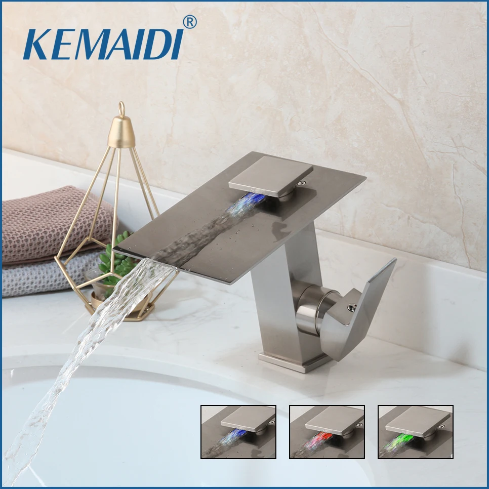 

KEMAIDI Bathroom Basin Sink Faucet LED Waterfall Spout Faucets Deck Mounted Brass Hot Cold Water Mixer torneira banheiro