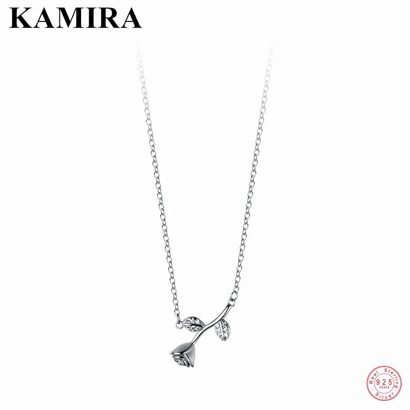 KAMIRA 925 Sterling Silver Fashion Elegant Rose Zircon Pendant Necklace for Women Wedding Clavicle Jewelry Valentine's Day Gift