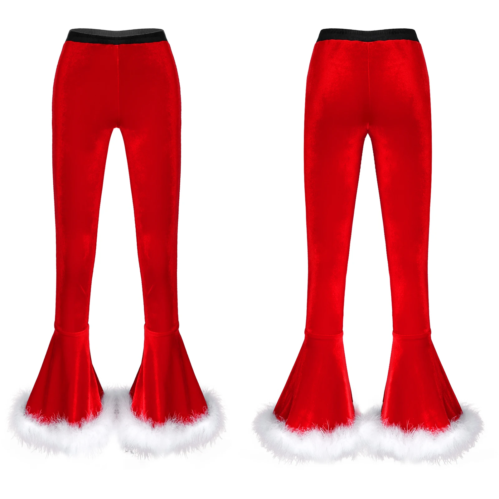 New Women Christmas Costume Red Velvet Faux Fur Adorned Flared Pants Bell Bottoms Trousers for Christmas Cosplay Party Dress Up