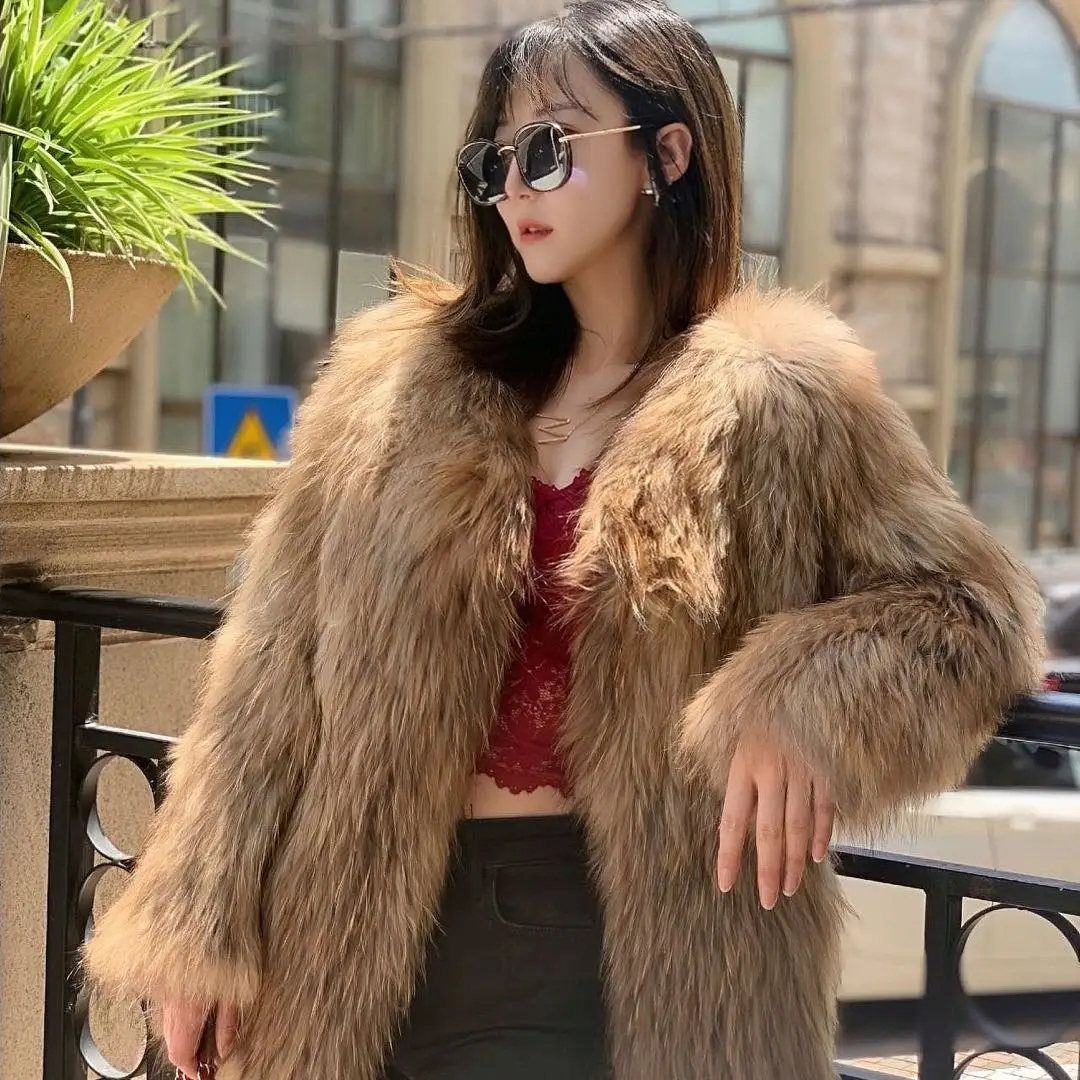 2021  new design knitted real fur coat fashion fur luvas de inverno 20cm long real Raccoon fur women's winter warm