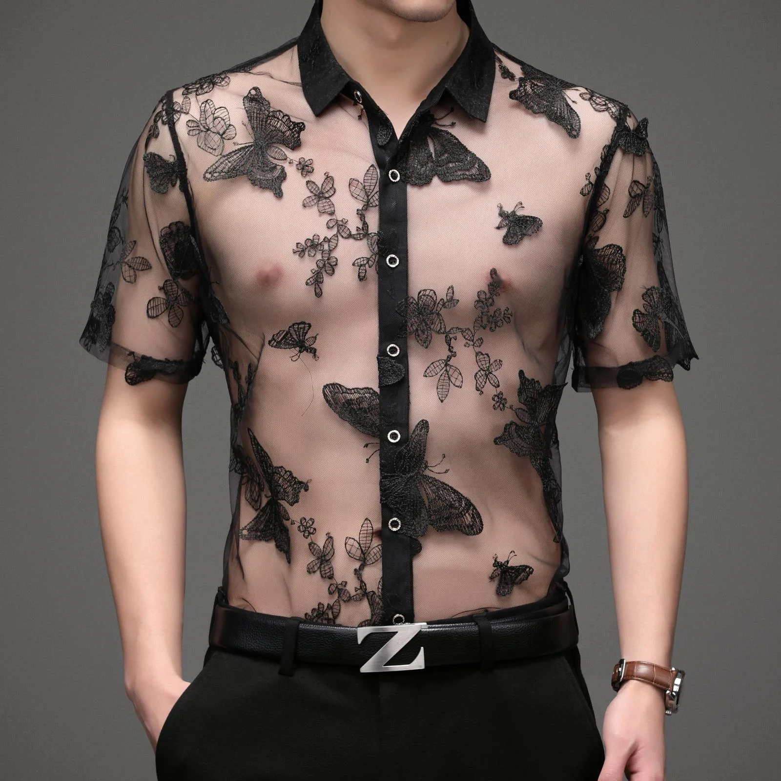

Butterfly Embroidery Print Sexy Transparent Shirt Men Shirt Club Designer Shirt Chemise Homme See Through Short Sleeve Shirt Men