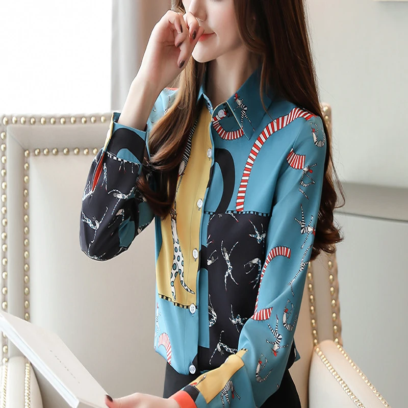 Elegant Chiffon Long Sleeve Printed Plus Size Blouse Shirts for Women Ladies Single Breasted Slim Polo Shirts Office Work Wear