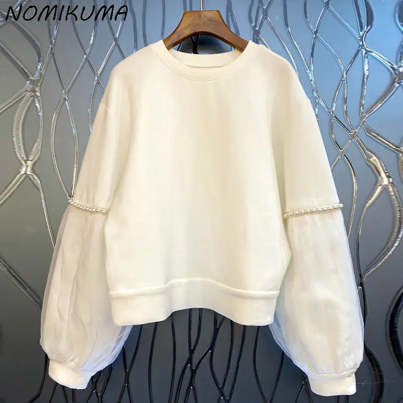 Nomikuma Chic Beads Mesh Patchwork Latern Sleeve Sweatshirt Causal O-neck Women Jumper 2023 New Korean Hoodies Top 6Q064