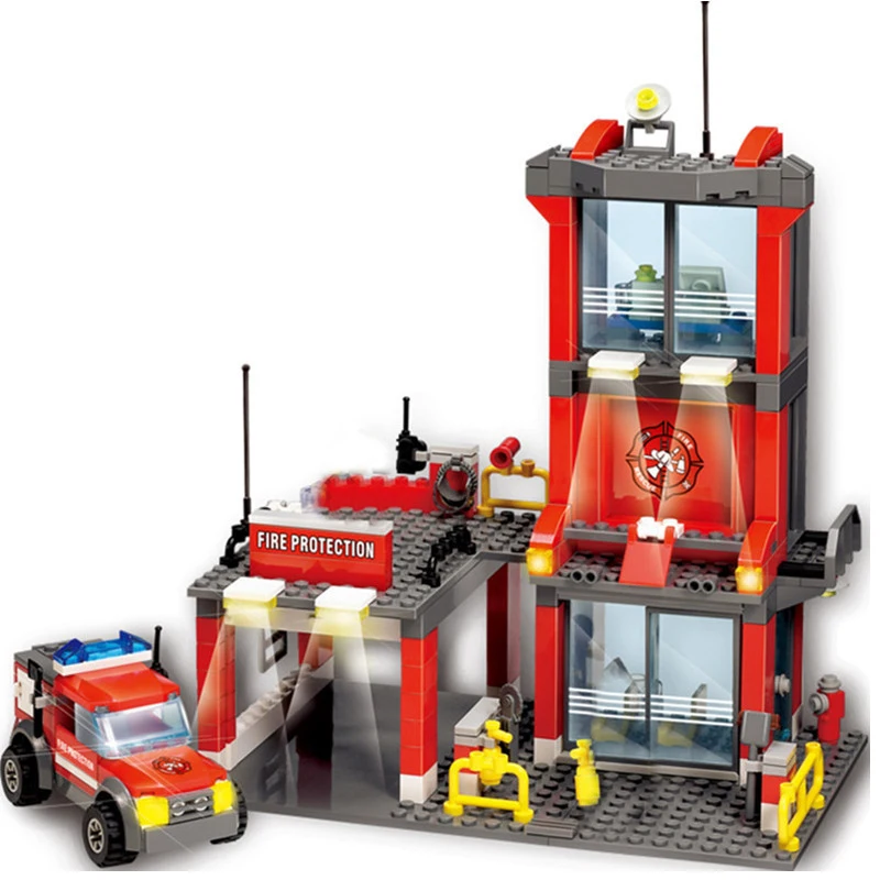 Qwz cidade fogo estação blocos de construção define fogo motor caminhão lutador iluminar tijolos brinquedos playmobil para crianças presentes