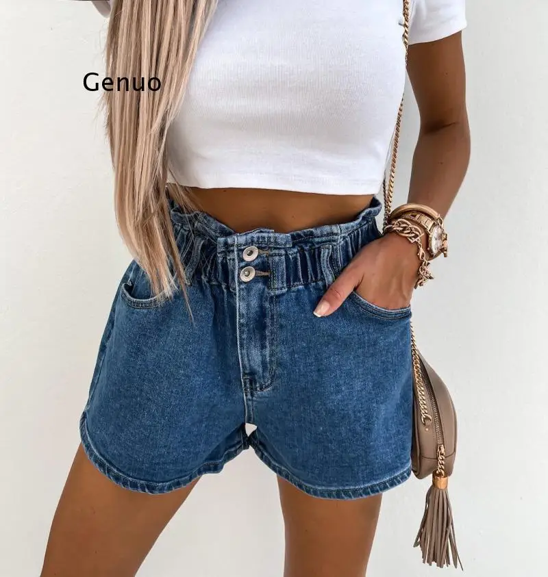 

Female Denim Shorts, Solid Color High Waist Jeans Close-Fitting Shorts for Women, Dark Blue/light Blue