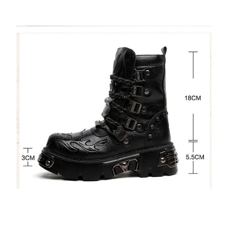 New Retro Gothic Punk Men\'s Genuine Leather Motorcycle Boots Platform Rubber Boots Warm Mid-Calf Tactical Combat Boots Fashion47