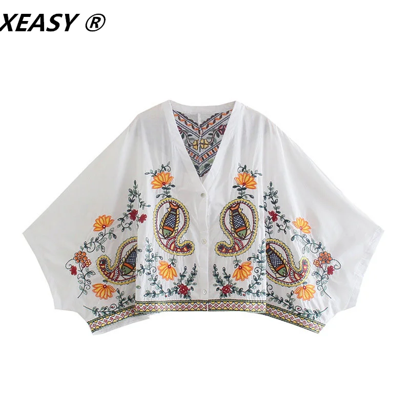 XEASY-conjunto Vintage de 2 piezas para mujer, camisa bordada con manga de murciélago y flores, de cintura alta minifalda, trajes dulces, 2021