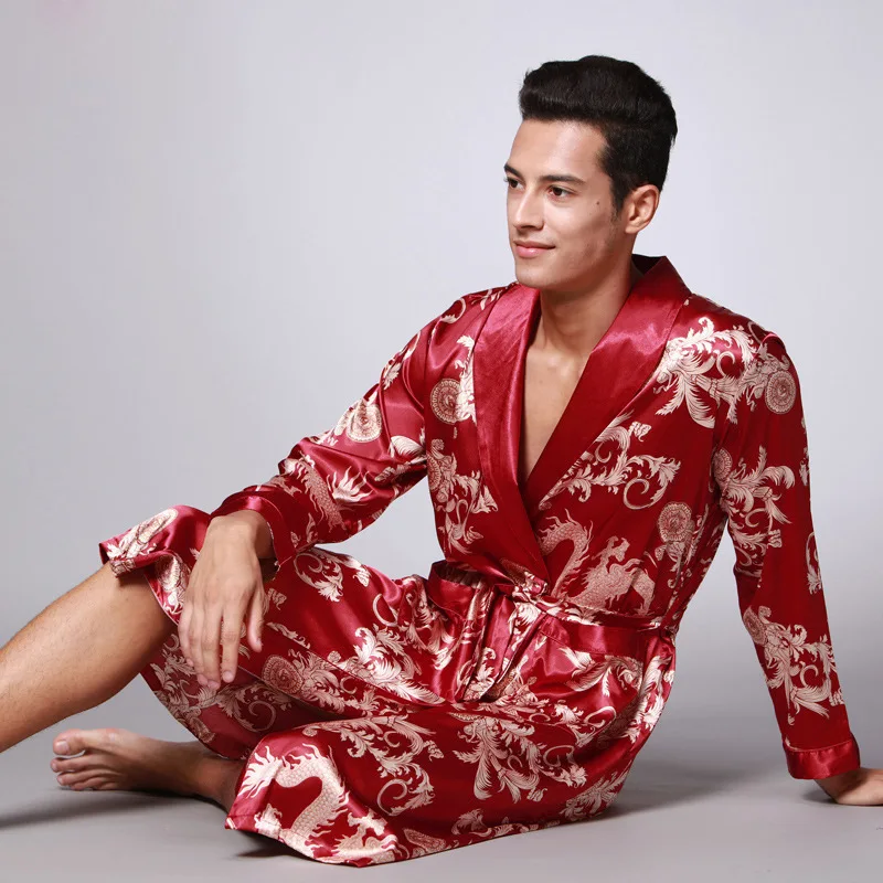 Men Sleepwear Shower Robe Bathrobe Man Pajama with Belt Imitation Silk Printing Bathrobe Satin Pijama Hombre Pyjama Loungewear