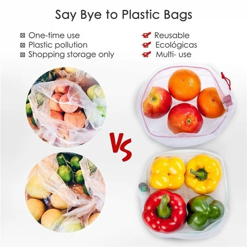 5 Pcs/set Reusable Vegetable and Fruit Net Production Bags Colored Tape Washable Eco-friendly Bags for Storing Toys and Sundries