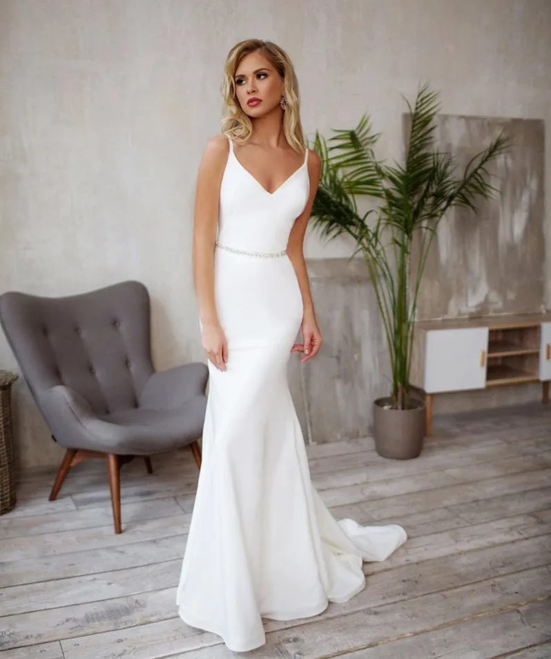 

Mermaid Long Wedding Dress Simple Stain Wedding Gowns Elegant Backless Bride Dresses Vestidos De Noiva