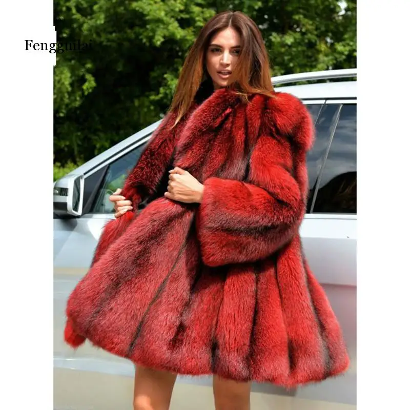 Fengguilai Winter fake Fox Fur Coat Women Whole Skin Genuine Fox Fur Female Jacket With Long Turn-down Collar Luxury Fur Coat