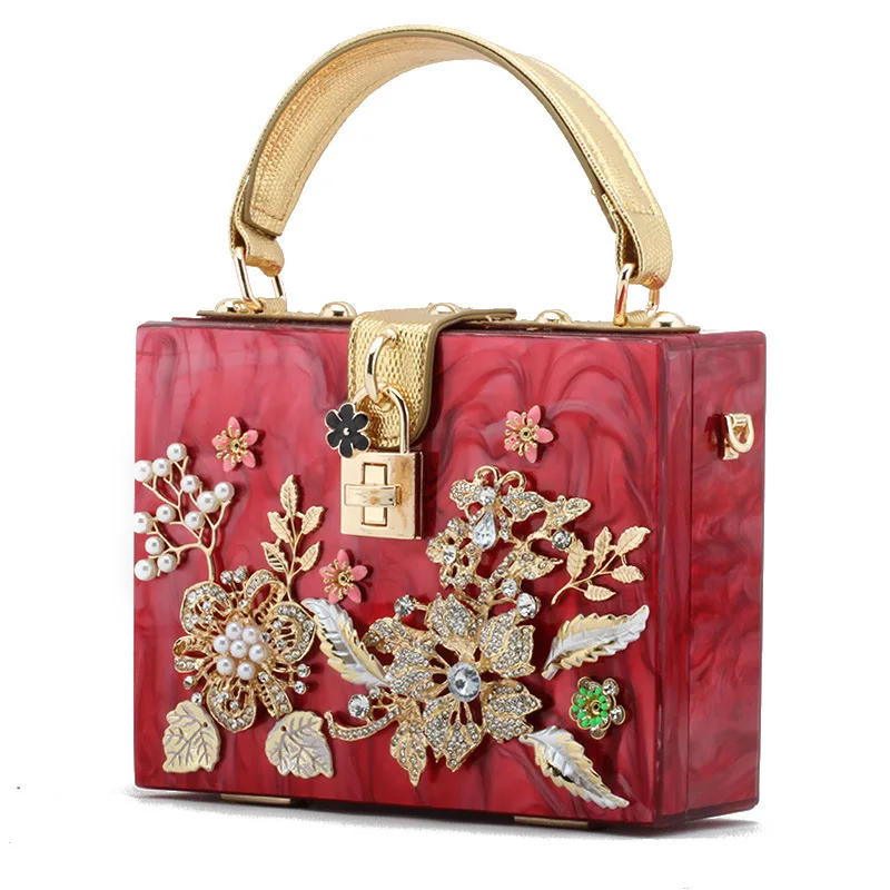 Vintage Flowers Diamond Women Handbag Marbling Acrylic Ladies Box Clutches High Quality Women Wedding Bridal Party Shoulder Bags