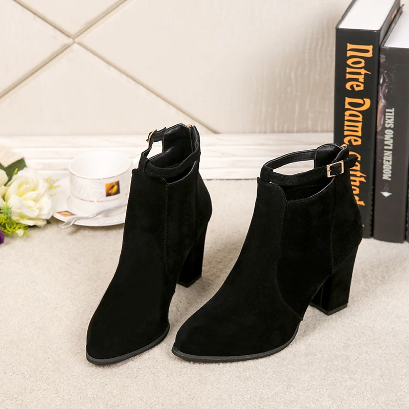 Ankle Boots Women Winter Shoes Women Fashion Suede Leather Buckle Boots High Heel Ladies Shoes Warm Zipper Ankle Boots for Women