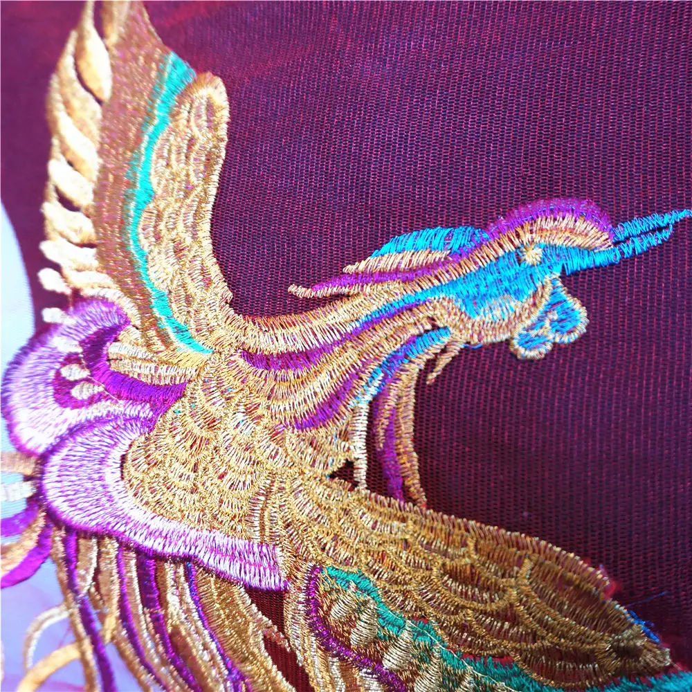 Embroidered Gold Phoenix Peacock Lace Fabric Red Mesh Gown Appliques Trims Collar Sew On Patch For Wedding Decoration Dress DIY