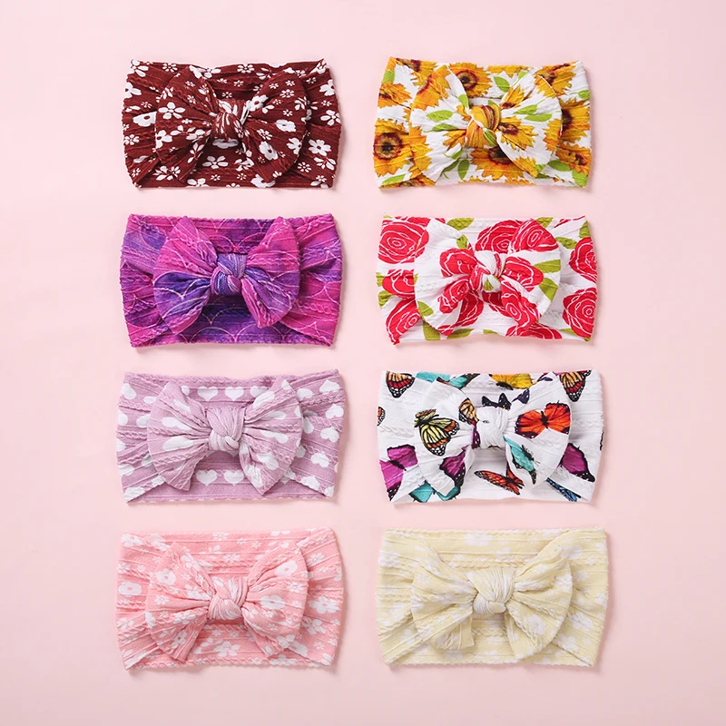 24pc/lot New Floral Prints Bows Wide Nylon Baby Turban Head wraps,Ribbed Cable Knit Bows Nylon Headbands for Kids Girls Headwear