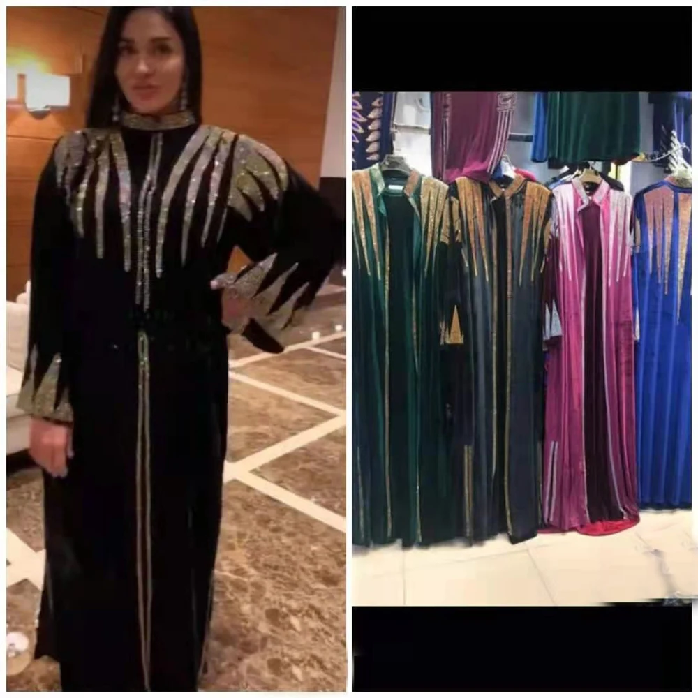 Muslim Kaftan Abaya Dress Women Stand Neck Diamonds Button Pleuche Coat Dress Elegant African Boubou without Lining