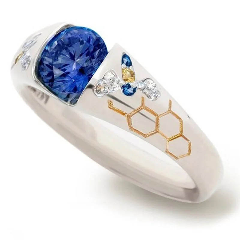 Foydjew Finger Accessories Bee Honeycomb Blue Zircon Simulated Sapphire Rings European American Simple Creative Style Ring