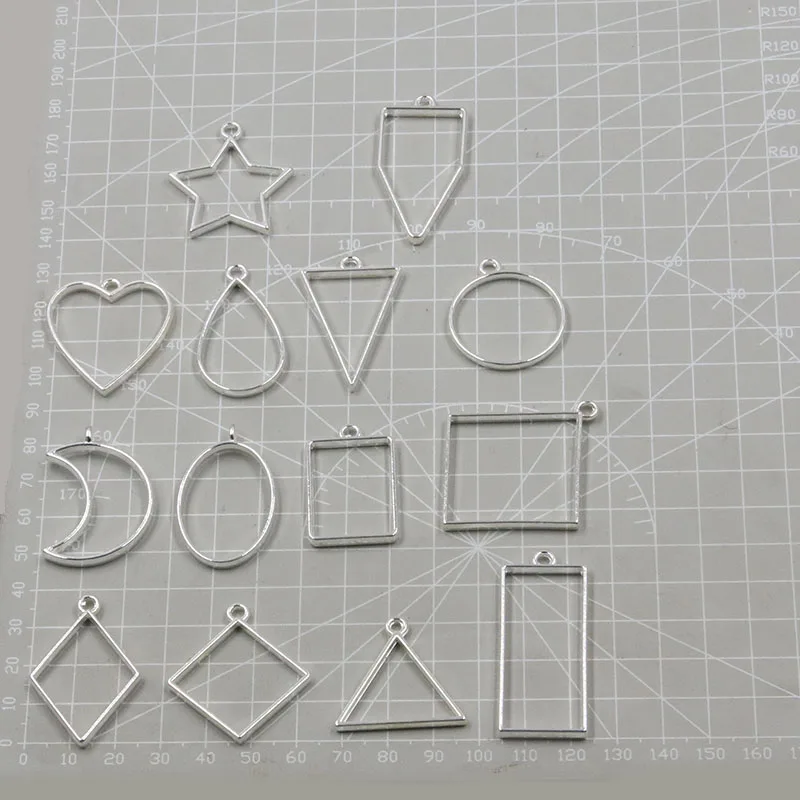 Picture 7: 10Pcs Multi-styles Mixed Bright Silver Plated Geometry Alloy Hollow Glue Blank Pendant Tray Bezel Jewelry Accessories Charm