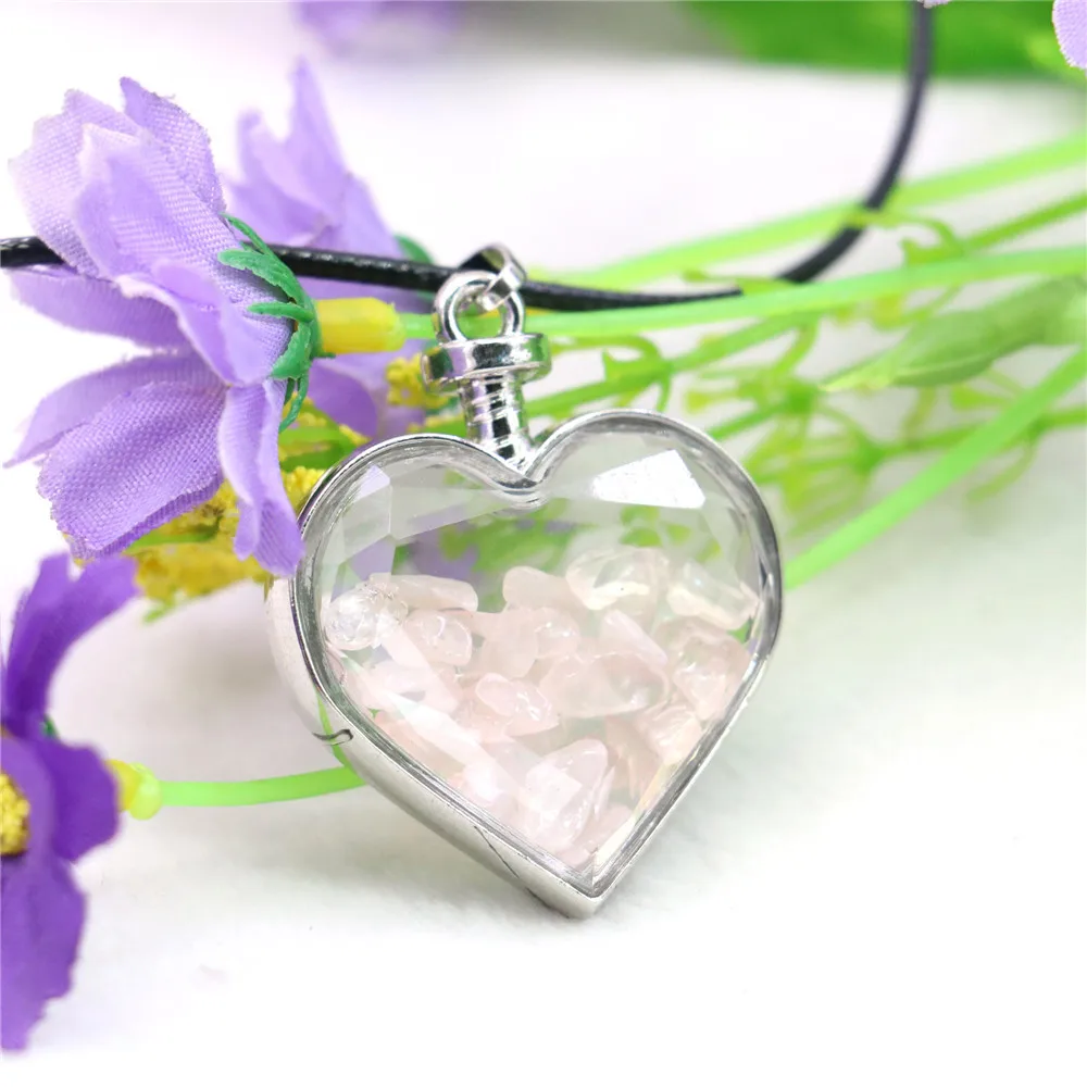 30mm Heart Shape Irregular Pink Crystal Pendant Necklace Natural Stone Slide Black Rope Chain Neckwear Jewelry Making Design