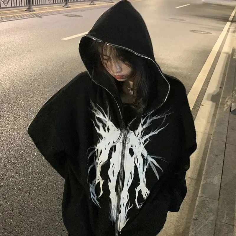 Harajuku Cartoon Devil Printing Gothic Vintage Kawaii Sweatshirt Hoodies Women Plus Size Zipper Coats Hoody Female Streetwear