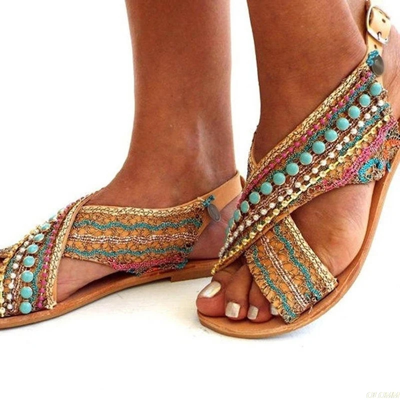 Summer Women Sandals Open Toe Beading Flat Sandals Female Sandalias Shoes Foreign Ethnic Style Bohemian Beach Shoes Plus Size