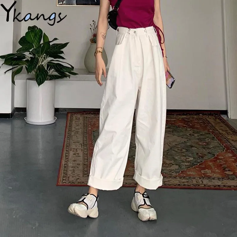 White High waist Jeans for Women blue wide Leg Loose Denim Pants Female Black Buckle to adjust waist Trousers Korean Streetwear