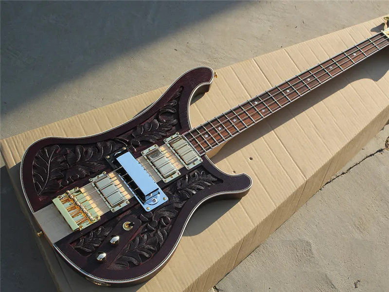 

Brown Electric Bass Guitar with Engraving Pattern,4 Pickups,4 Strings,20 Frets,Gold Hardware,offer customized