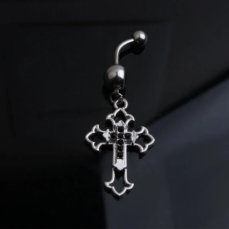 Hollow Cross Dangle Navel Ring 14G 316L Surgical Steel Belly Button Ring Clear Black CZ Punk Piercing Ombligo Oreja Body Jewelry